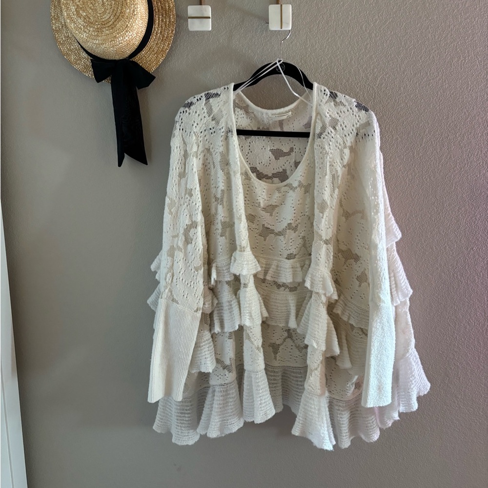 Anthropologie Oversized White Cream Ruffle Layered Sweater XL